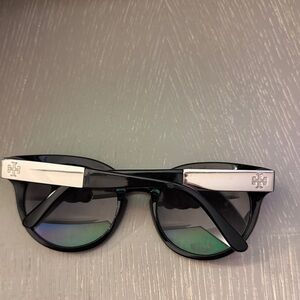 Tory Burch Black Sunglasses with Silver Temples and Green-Reflective Lenses